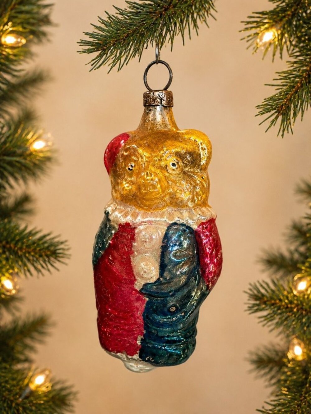 Antique German Glass Teddy Bear Clown Christmas Ornament 3" Figural